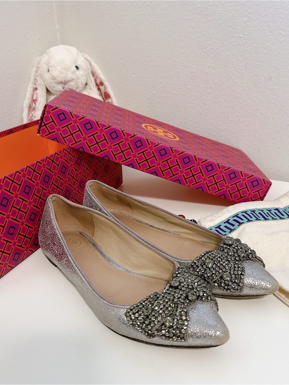 Tory Burch Silver Glitter Crystal Bow Pointed Flats